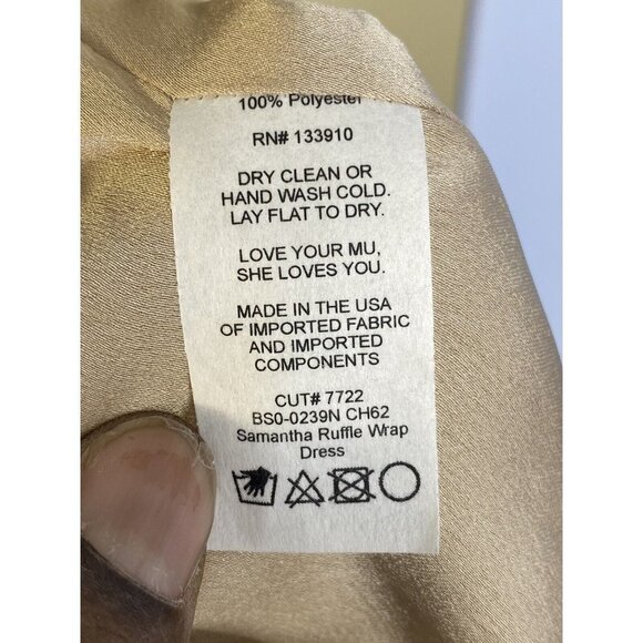 Show Me Your Mumu Womens Samantha Ruffle Wrap Dress Gold Luxe Satin Size Large - Picture 12 of 12